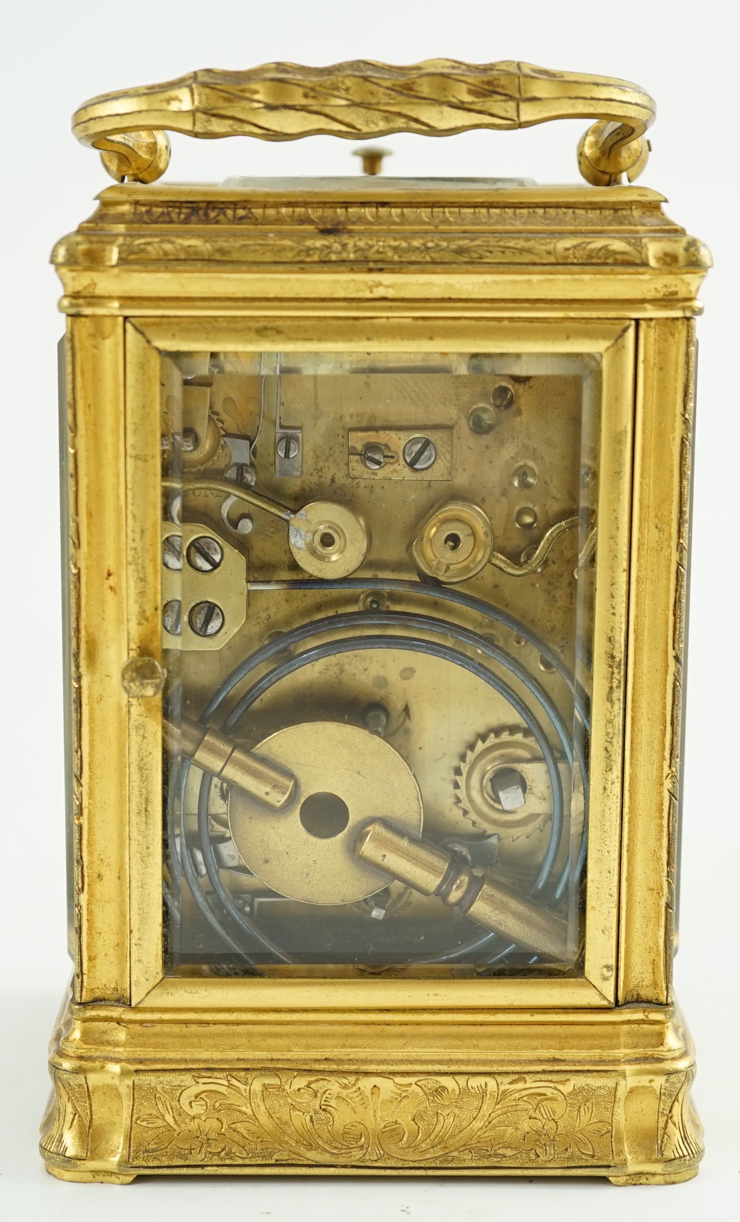 A late 19th century French engraved gilt brass gorge-cased repeating carriage clock with alarm, width 7.5cm depth 6.5cm height 11.5cm